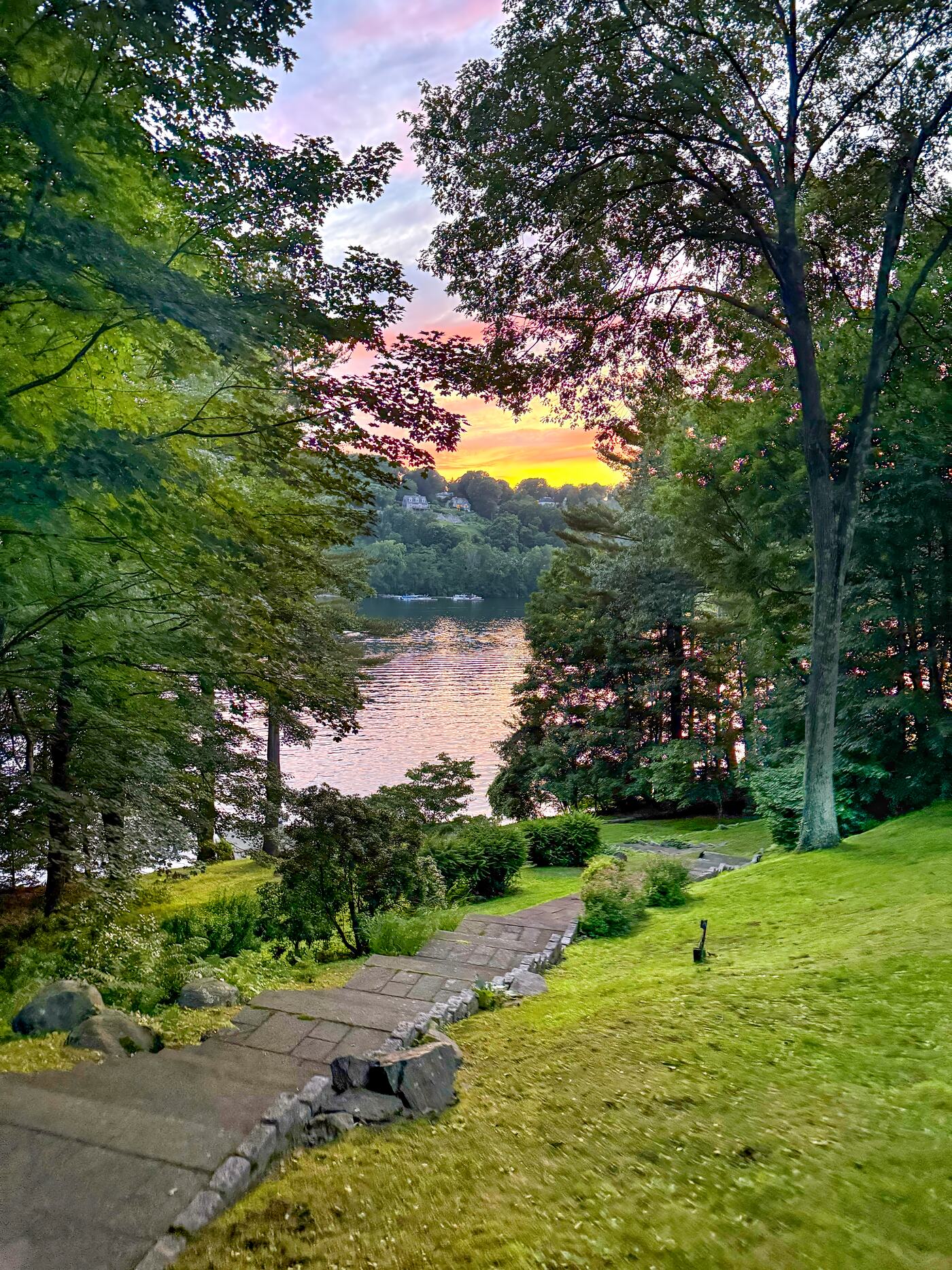 Candlewood Lake sunset view framed by trees